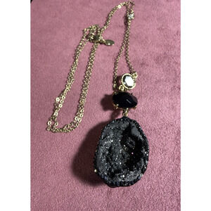 Loft Gold Tone Statement Necklace Agate Geode Rhinestone Pendant Long Drop